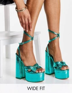 Promo 🔥 Public Desire Wide Fit Leo Platform Heel 🩴 Sandals In Teal Metallic For Women 💯