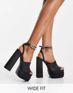 Cheap ❤️ Public Desire Wide Fit Lilibet Platform Heel 🩴 Sandals In Black Satin For Women 👏