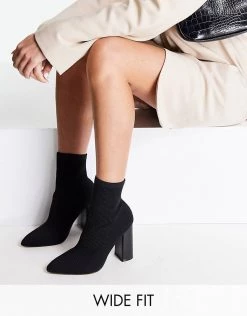 Best Sale 🌟 Public Desire Wide Fit Loyal Block Heel 🥾 Boots In Black Knit For Women 🧨 -Outlet Women's Public Desire Store unnamed file 2654