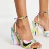 New 🤩 Public Desire Eagle Pyramid Heel 🩴 Sandals With Ankle Strap In Pink Print For Women Pink Multi 😀 -Outlet Women's Public Desire Store unnamed file 2685