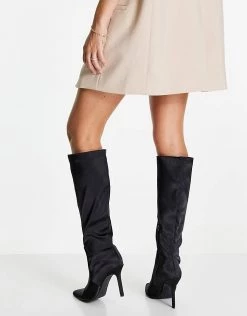 Buy ✔️ Public Desire Best Believe Knee High Heel 🥾 Boots In Black Satin For Women 😀 -Outlet Women's Public Desire Store unnamed file 2728