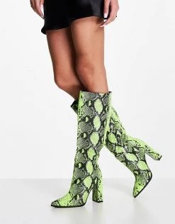 Flash Sale ✨ Public Desire Posie Heel Knee 🥾 Boots In Lime Snake Print For Women 😉