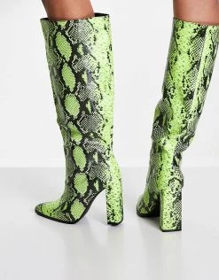 Flash Sale ✨ Public Desire Posie Heel Knee 🥾 Boots In Lime Snake Print For Women 😉 -Outlet Women's Public Desire Store unnamed file 2732