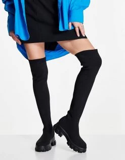 Coupon 🧨 Public Desire Wide Fit Manifest Over The Knee Chunky Flat 🥾 Boots In Black Knit For Women ⌛ -Outlet Women's Public Desire Store unnamed file 2762