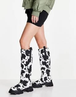 Hot Sale 🎁 Public Desire Genius Flat Knee 🥾 Boots In Cow Print For Women 👍