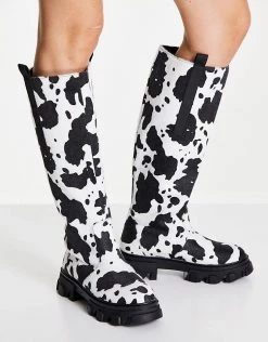 Hot Sale 🎁 Public Desire Genius Flat Knee 🥾 Boots In Cow Print For Women 👍 -Outlet Women's Public Desire Store unnamed file 2777