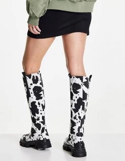 Hot Sale 🎁 Public Desire Genius Flat Knee 🥾 Boots In Cow Print For Women 👍 -Outlet Women's Public Desire Store unnamed file 2778