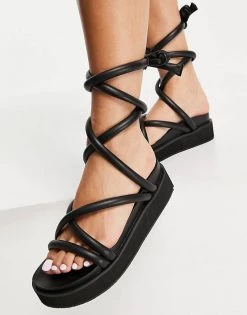 New ❤️ Public Desire Wide Fit Jolly Flatform 🩴 Sandals With Padded Ankle Tie In Black For Women ✨ -Outlet Women's Public Desire Store unnamed file 2903