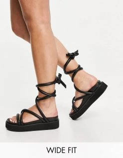 New ❤️ Public Desire Wide Fit Jolly Flatform 🩴 Sandals With Padded Ankle Tie In Black For Women ✨ -Outlet Women's Public Desire Store unnamed file 2904