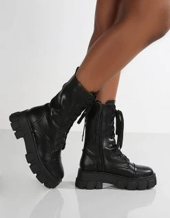 Budget ⭐ Public Desire Intention Chunky Lace Up 🥾 Boots With Removeable Pouch In Black For Women ✨