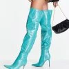 Best Sale ⌛ Public Desire Lottie Over The Knee Heel 🥾 Boots In Teal Croc For Women ✔️ -Outlet Women's Public Desire Store unnamed file 2930