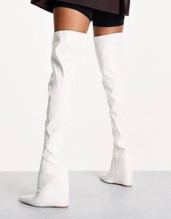 Hot Sale ๐ฅฐ Public Desire Clarissa Over The Knee Wedge Heel ๐ฅพ Boots In White For Women ๐