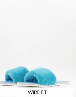 Budget 👍 Public Desire Wide Fit Starlight Fluffy Slippers In Turquoise For Women 🌟