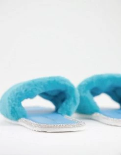Budget 👍 Public Desire Wide Fit Starlight Fluffy Slippers In Turquoise For Women 🌟 -Outlet Women's Public Desire Store unnamed file 2952
