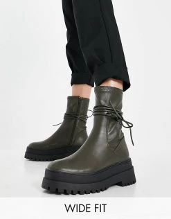 New ⌛ Public Desire Wide Fit Finale Chunky Flat Ankle 🥾 Boots With Tie In Smooth Olive For Women Olive Pu 🛒