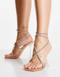 Deals 🎉 Public Desire Kym Clear Heel 🩴 Sandals With Jewel Tie In Beige For Women 😀