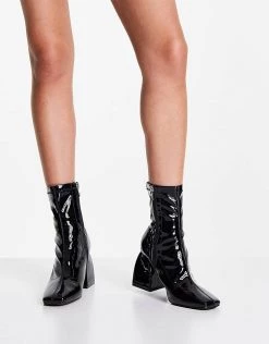 Best Pirce 😍 Public Desire Wide Fit Supreme Square Toe Sock 🥾 Boots In Black Patent For Women 🤩 -Outlet Women's Public Desire Store unnamed file 3022
