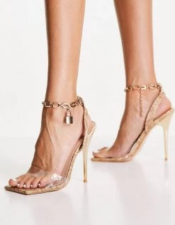 Discount ⭐ Public Desire Wide Fit Superior Chain Ankle Heel 🩴 Sandals In Natural Snake For Women ⌛ -Outlet Women's Public Desire Store unnamed file 3038