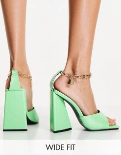 Deals ⌛ Public Desire Wide Fit Maisie Flare Heel 🩴 Sandals In Green For Women 😉 -Outlet Women's Public Desire Store unnamed file 3044