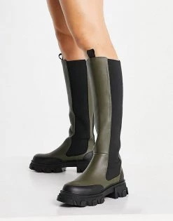 Best Pirce ✨ Public Desire Monique Chunky Knee 🥾 Boots In Khaki For Women 👍