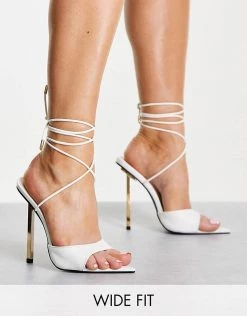Promo 🔔 Public Desire Wide Fit Powerful Pointed Toe Heeled 🩴 Sandals In White For Women White Pu 🛒