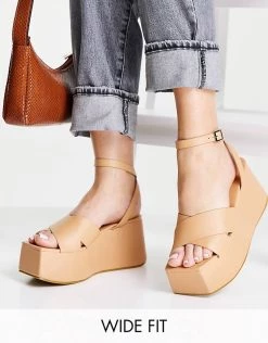 Wholesale 🔥 Public Desire Wide Fit Elevate Plaftorm 🩴 Sandals In Camel For Women Camel Pu 😉