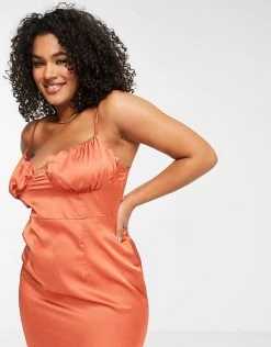 Deals ✨ Public Desire Curve Ruched Detail Slip 👗 Dress In Burnt Orange For Women 🌟 -Outlet Women's Public Desire Store unnamed file 308