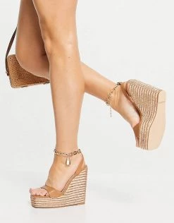 Coupon ⭐ Public Desire Wide Fit Idolise Espadrille Wedge 🩴 Sandals With Padlock Detail In Camel PU For Women ✔️ -Outlet Women's Public Desire Store unnamed file 3082
