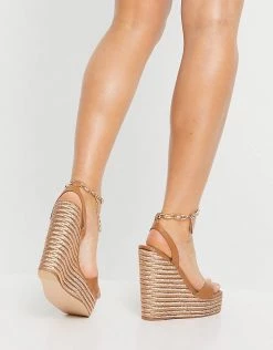 Coupon ⭐ Public Desire Wide Fit Idolise Espadrille Wedge 🩴 Sandals With Padlock Detail In Camel PU For Women ✔️ -Outlet Women's Public Desire Store unnamed file 3083