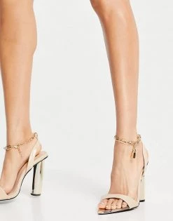 Flash Sale 🥰 Public Desire Wide Fit Expression Block Heeled 🩴 Sandals With Padlock Detail In Beige For Women Beige Pu ⌛ -Outlet Women's Public Desire Store unnamed file 3087