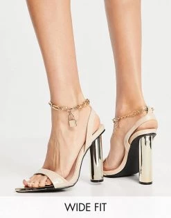 Flash Sale 🥰 Public Desire Wide Fit Expression Block Heeled 🩴 Sandals With Padlock Detail In Beige For Women Beige Pu ⌛ -Outlet Women's Public Desire Store unnamed file 3089