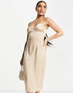 Promo ✔️ Public Desire Ruched Detail Satin Slip 👗 Dress In Stone For Women 🔥