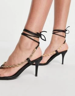 Cheap 🔥 Public Desire Wide Fit Amarlie Heeled 🩴 Sandals With Chain Detail In Black For Women ✔️ -Outlet Women's Public Desire Store unnamed file 3108
