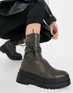 Hot Sale 🔥 Public Desire Finale Chunky Flat Ankle 🥾 Boots With Tie In Smooth Olive For Women Olive Pu 👏