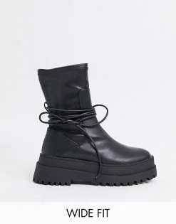 Buy ๐ฅฐ Public Desire Wide Fit Finale Chunky Flat Ankle ๐ฅพ Boots With Tie In Black For Women Black Pu ๐