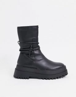 Best Pirce ❤️ Public Desire Finale Chunky Flat Ankle 🥾 Boots With Tie In Black For Women Black Pu ⌛