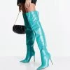 Best Sale 🧨 Public Desire Wide Fit Lottie Over The Knee Heel 🥾 Boots In Teal Croc For Women 💯