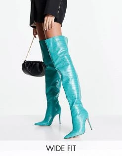 Best Sale 🧨 Public Desire Wide Fit Lottie Over The Knee Heel 🥾 Boots In Teal Croc For Women 💯