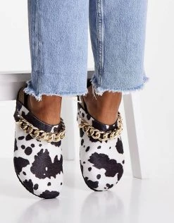 Outlet 😍 Public Desire Isabel Mule Clogs With Chain Trim In Cow Print For Women Cow Micro 👏 -Outlet Women's Public Desire Store unnamed file 3227