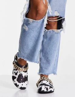 Outlet 😍 Public Desire Isabel Mule Clogs With Chain Trim In Cow Print For Women Cow Micro 👏 -Outlet Women's Public Desire Store unnamed file 3228