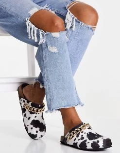 Outlet 😍 Public Desire Isabel Mule Clogs With Chain Trim In Cow Print For Women Cow Micro 👏 -Outlet Women's Public Desire Store unnamed file 3229