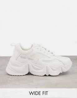 Best Pirce 🧨 Public Desire Wide Fit Chunky Trainers In White For Women 👍