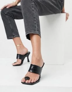 Budget 👏 Public Desire Wide Fit Gaia Heeled 🩴 Sandals With Toe Post In Black Croc For Women ✨ -Outlet Women's Public Desire Store unnamed file 3312