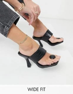 Budget 👏 Public Desire Wide Fit Gaia Heeled 🩴 Sandals With Toe Post In Black Croc For Women ✨ -Outlet Women's Public Desire Store unnamed file 3314