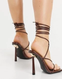 Cheap 🥰 Public Desire Wide Fit Lacey Heeled 🩴 Sandals With Ankle Tie In Chocolate For Women 🎁 -Outlet Women's Public Desire Store unnamed file 3317