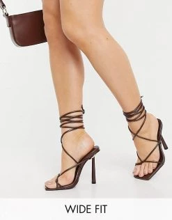 Cheap 🥰 Public Desire Wide Fit Lacey Heeled 🩴 Sandals With Ankle Tie In Chocolate For Women 🎁 -Outlet Women's Public Desire Store unnamed file 3319