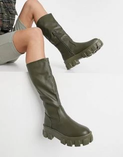 New 💯 Public Desire Karma Knee 🥾 Boots In Khaki For Women 🎉