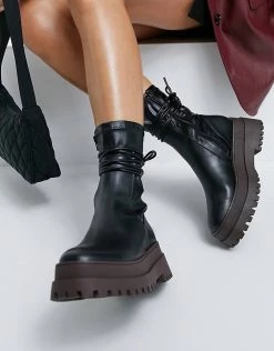 Cheap 🧨 Public Desire Finale Chunky Flat Ankle 🥾 Boots With Tie In Black And Brown For Women Black On Brown 🧨 -Outlet Women's Public Desire Store unnamed file 3367