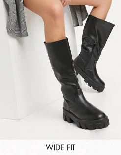 Wholesale 👏 Public Desire Wide Fit Karma Knee 🥾 Boots In Black For Women ❤️