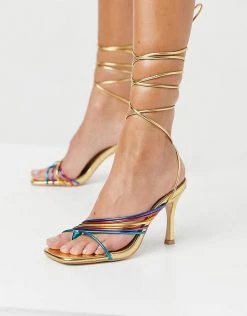 Cheap 😍 Public Desire Wide Fit Super Heeled 🩴 Sandals With Multi Coloured Straps In Gold For Women ✨ -Outlet Women's Public Desire Store unnamed file 3376